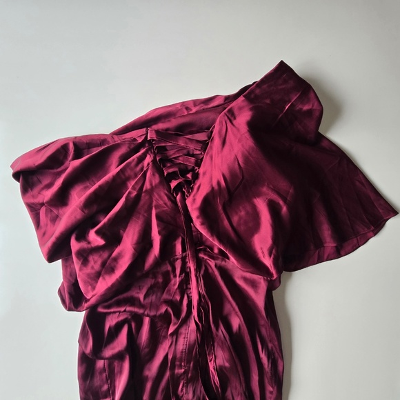 Wear Your Love Burgundy Satin Style Asymmetrical Sleeve Midi Dress Formal - Picture 11 of 15
